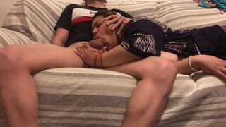 I wake up my stepmom from the sofa and I cum in her mouth - porn video